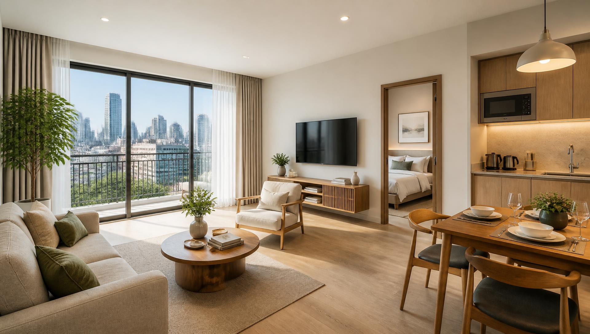A bright, premium modern property interior with city views